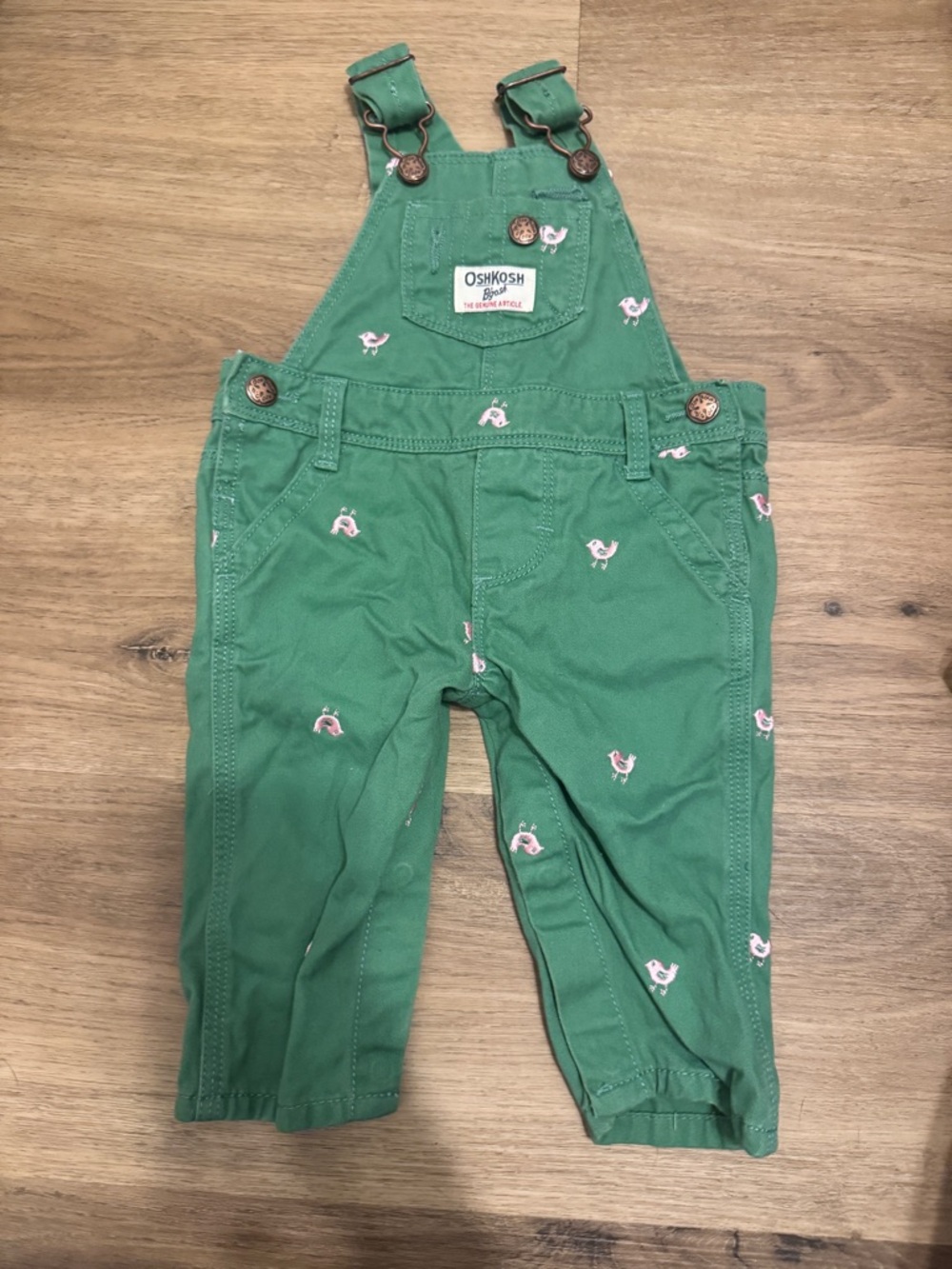 OshKosh B'gosh Green Overalls with Tiny Pink Bird Embroidery